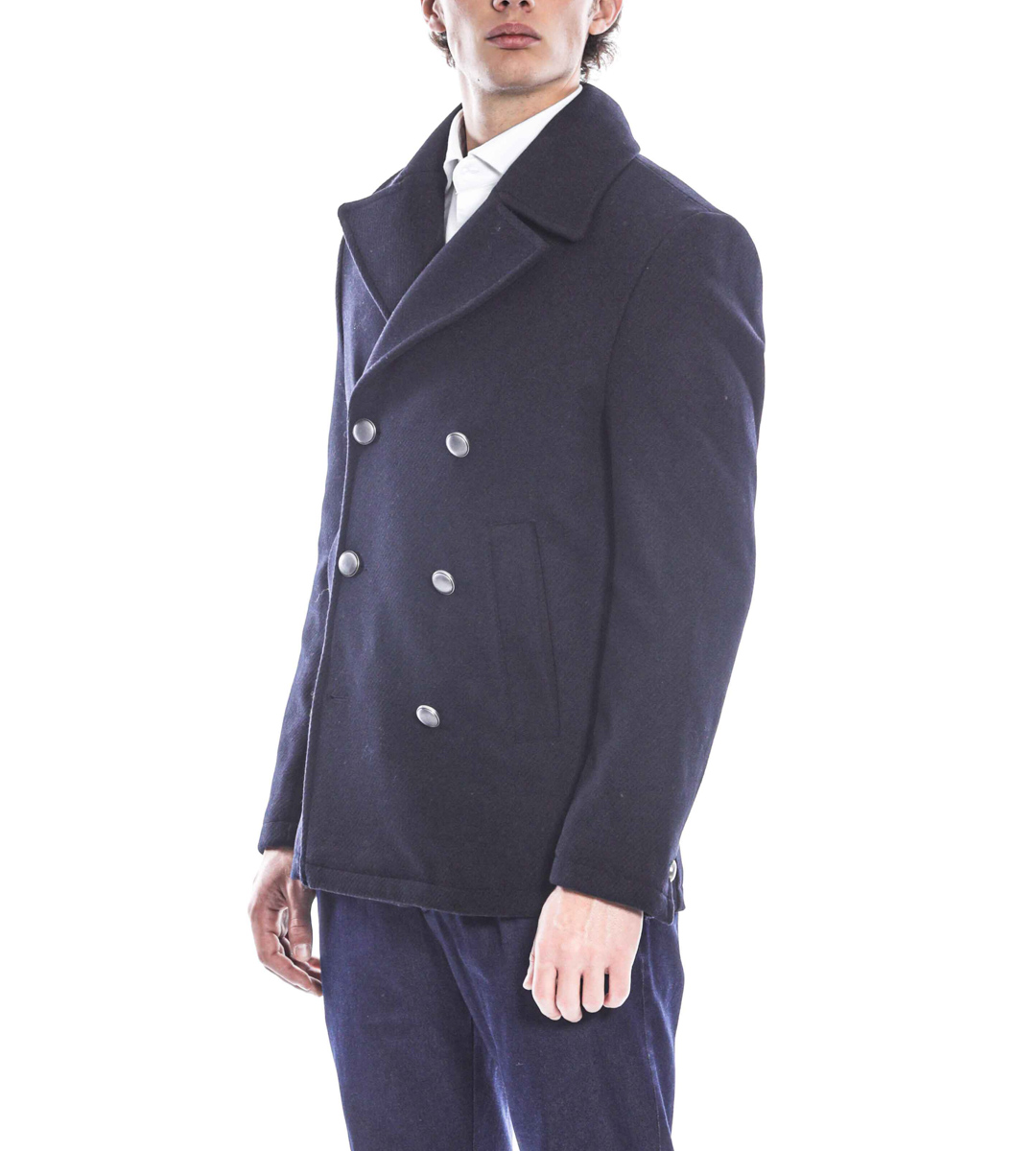 Manuel Ritz Peacot uomo doppio petto bottoni metallo blu navy
