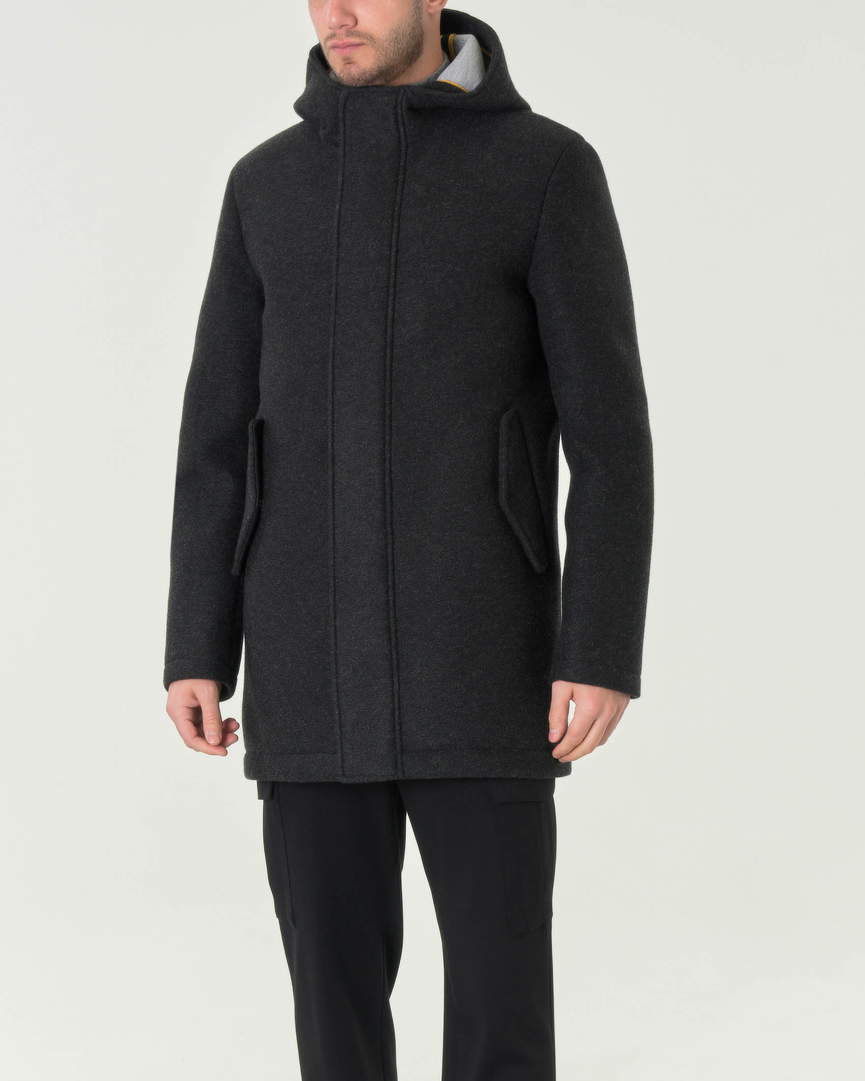 Manuel Ritz Parka grigio con cappuccio in panno di lana accoppiata con chiusura a cerniera nascosta