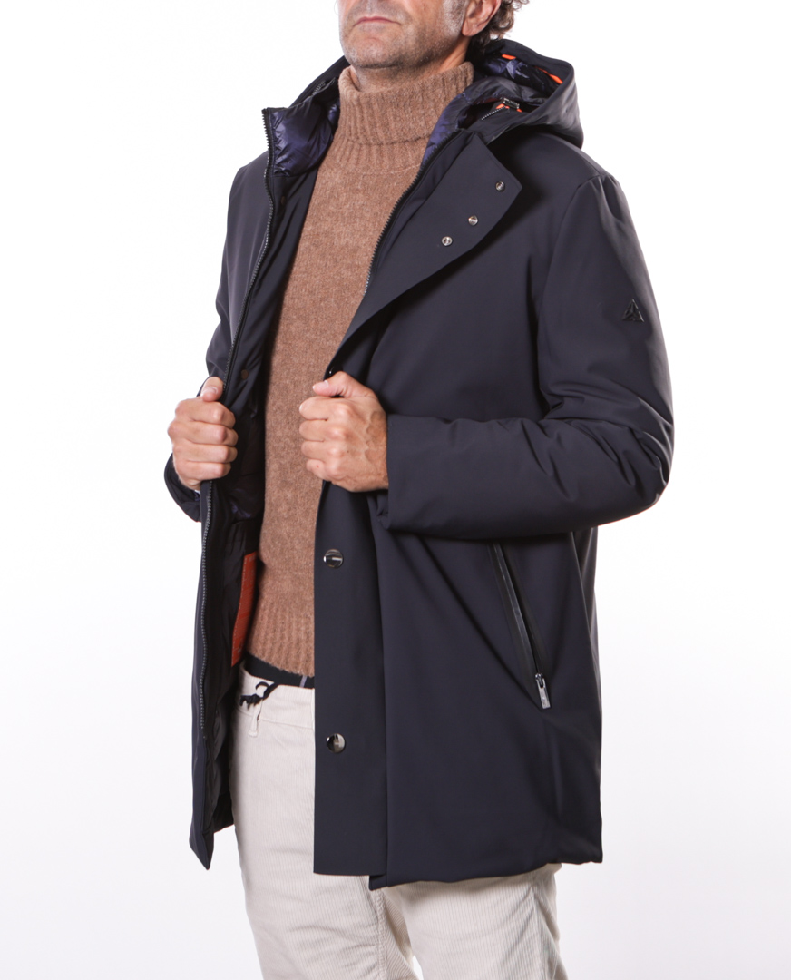 Heskimo Giubbotto lungo con cappuccio in nylon stretch blu navy