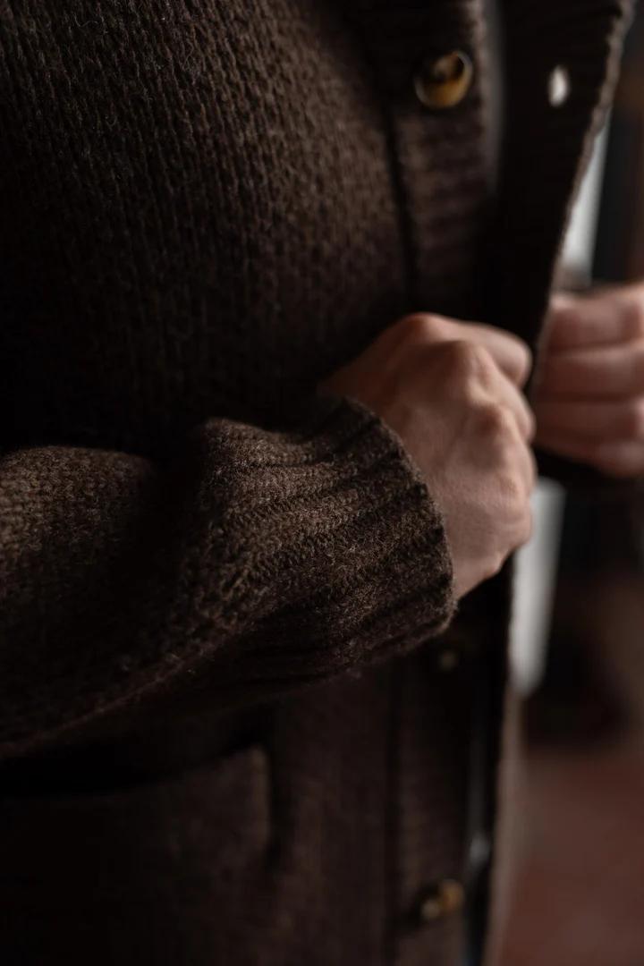 CabinShawlSweater-FitModel-4_720x Iron E Resin Cabin Shawl Collar Sweater Brown